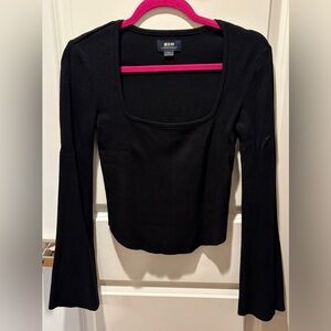 Maeve by Anthropologie Ribbed Black Square-Neck Long Sleeve Top, Bell Sleeves